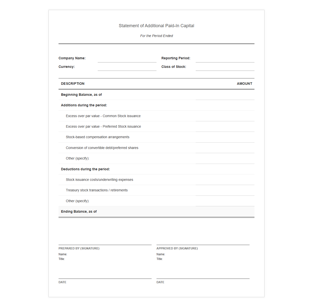 Paid-In Capital Statement Form