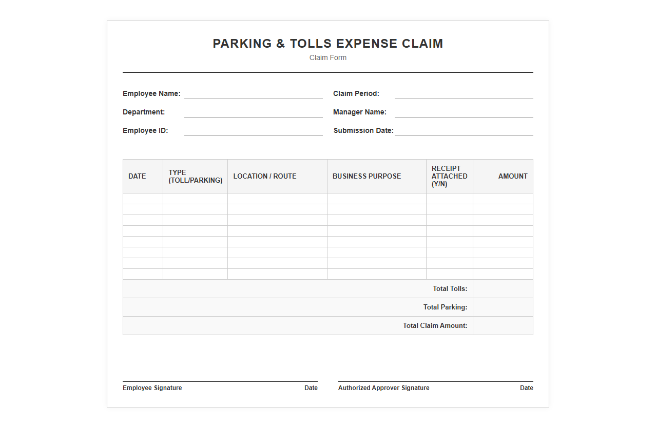 Parking Fees and Road Tolls Claim Template