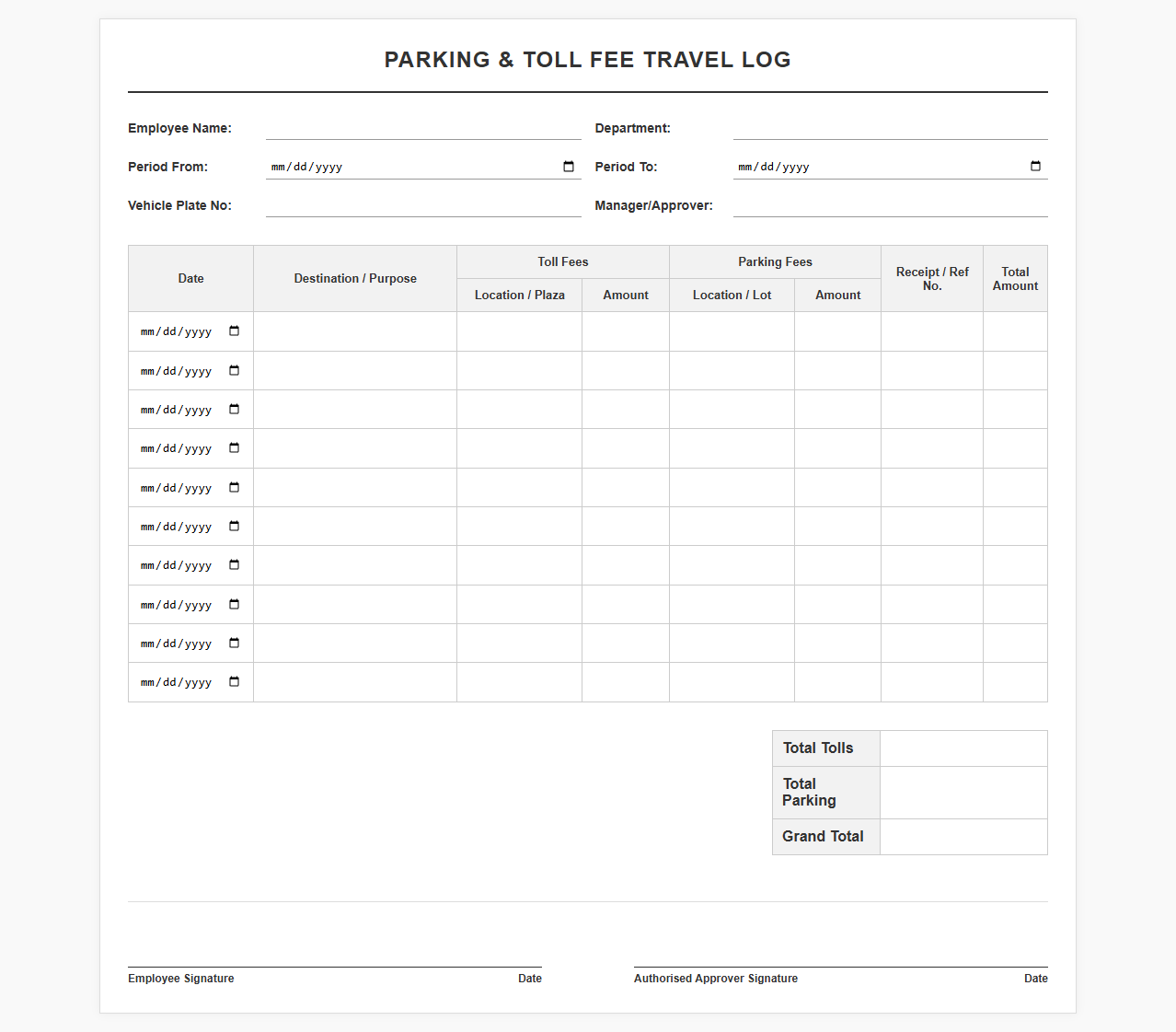 Parking and Toll Fee Travel Log