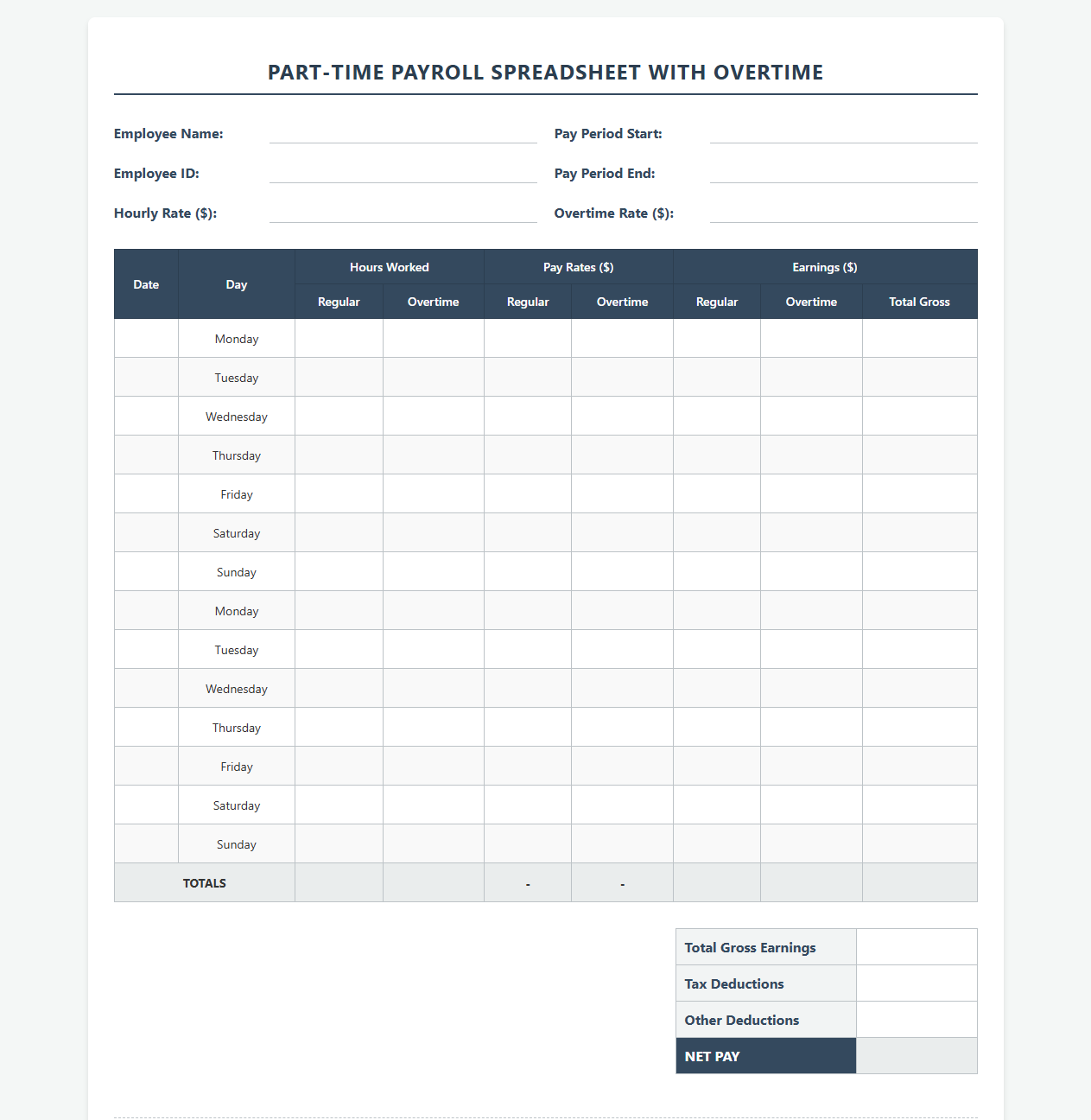 Part-Time Contract Payroll Spreadsheet with Overtime