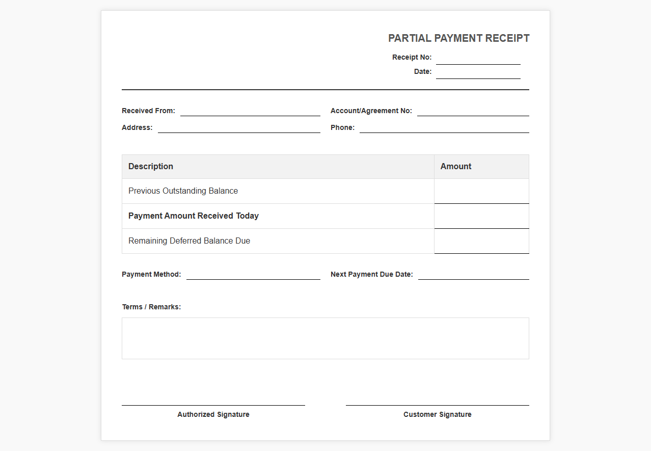 Partial Payment Receipt for Deferred Balances