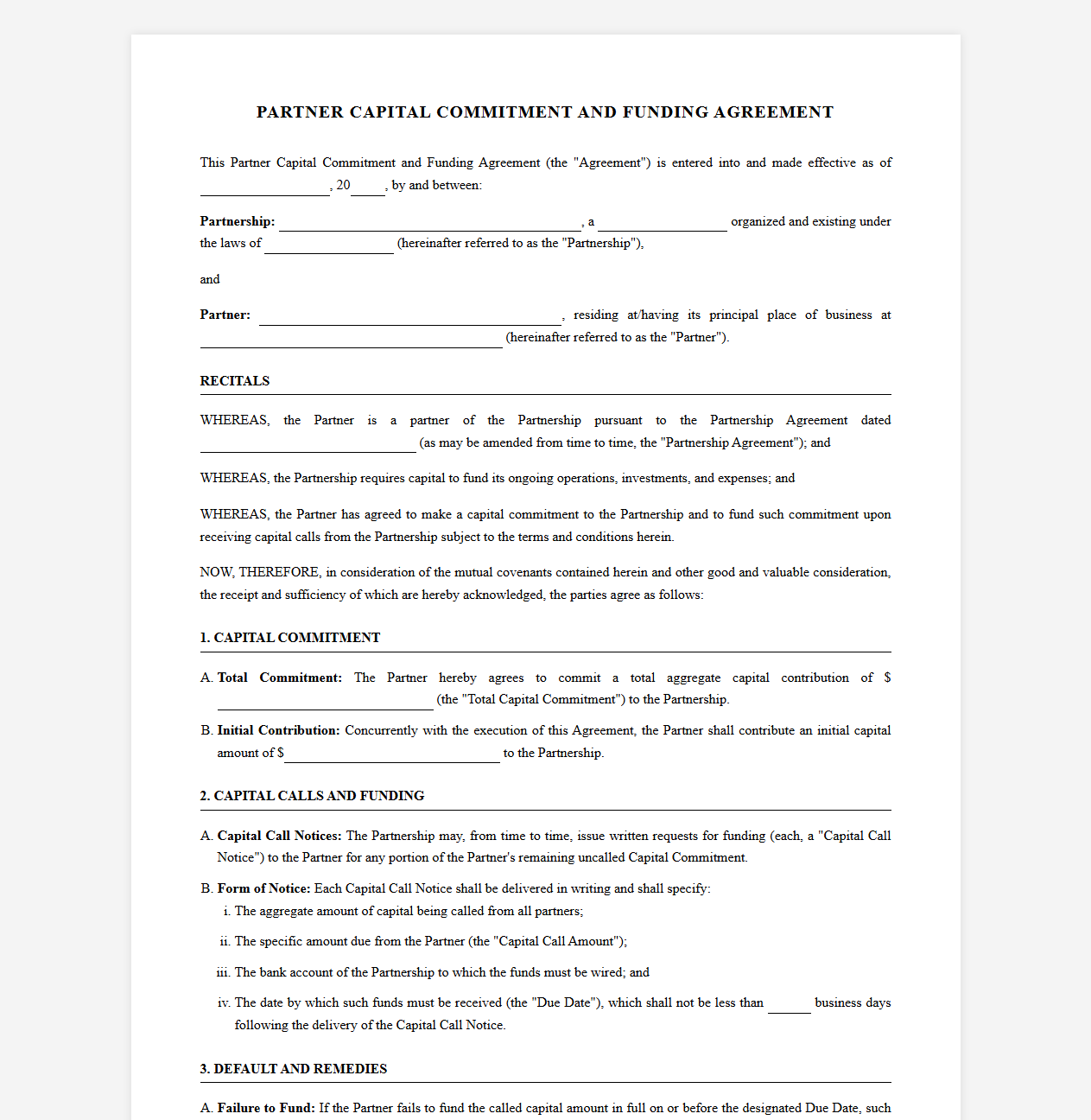 Partner Capital Commitment and Funding Agreement