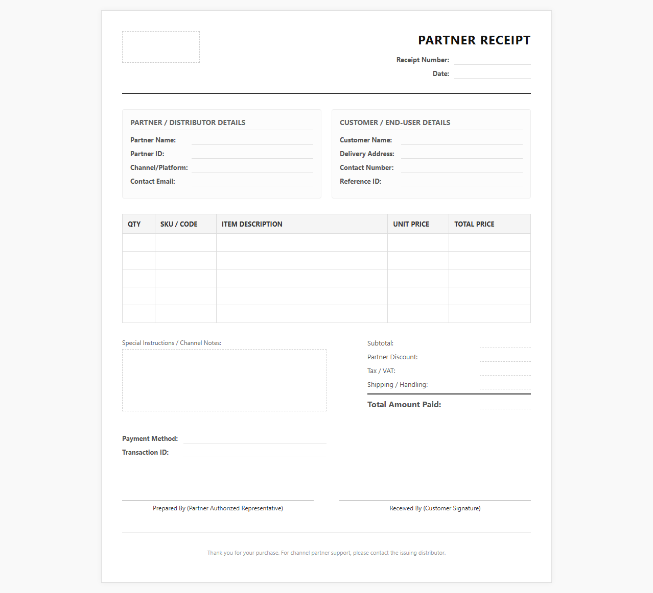 Partner Channel Sales Receipt Template