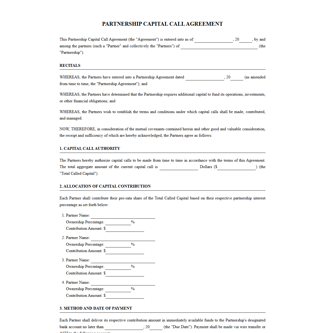 Partnership Capital Call Agreement