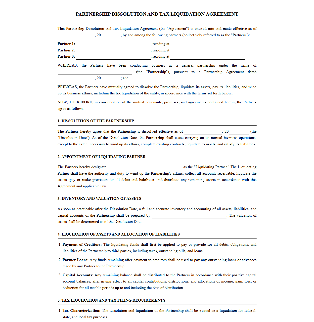Partnership Dissolution and Tax Liquidation Agreement Template