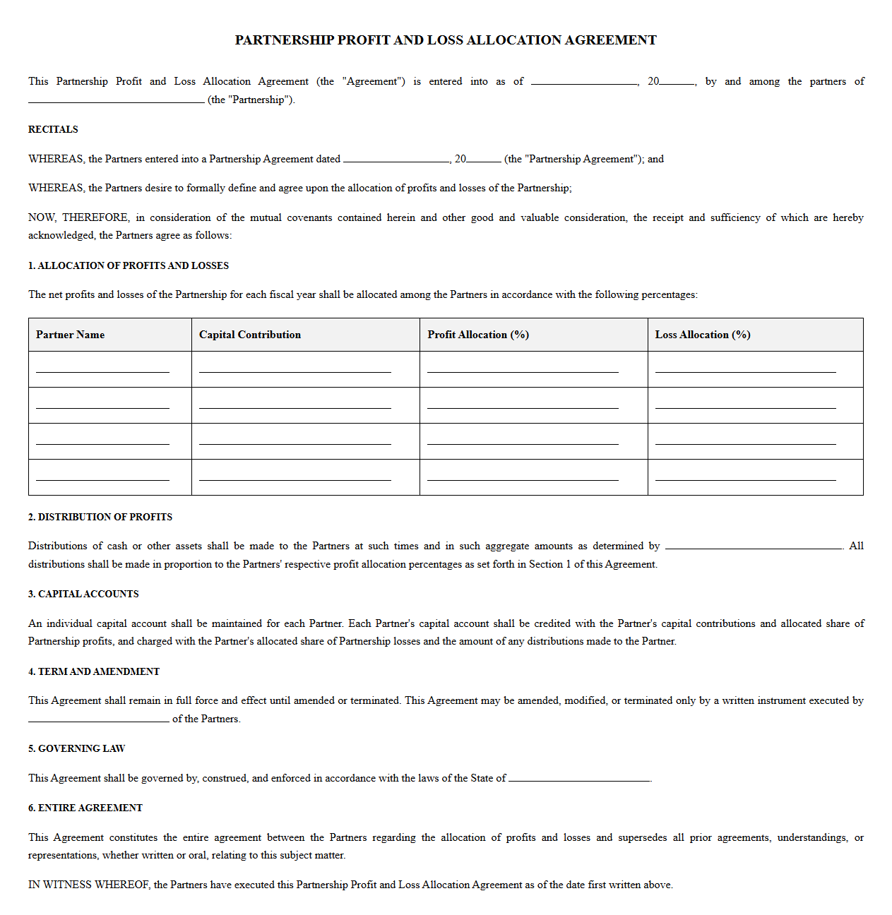 Partnership Profit and Loss Allocation Agreement