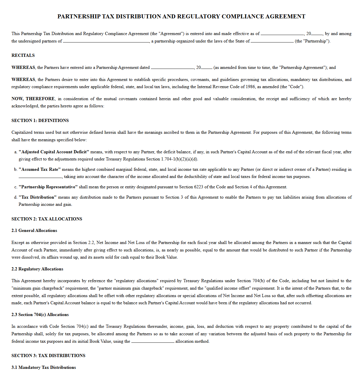 Partnership Tax Distribution and Regulatory Compliance Agreement