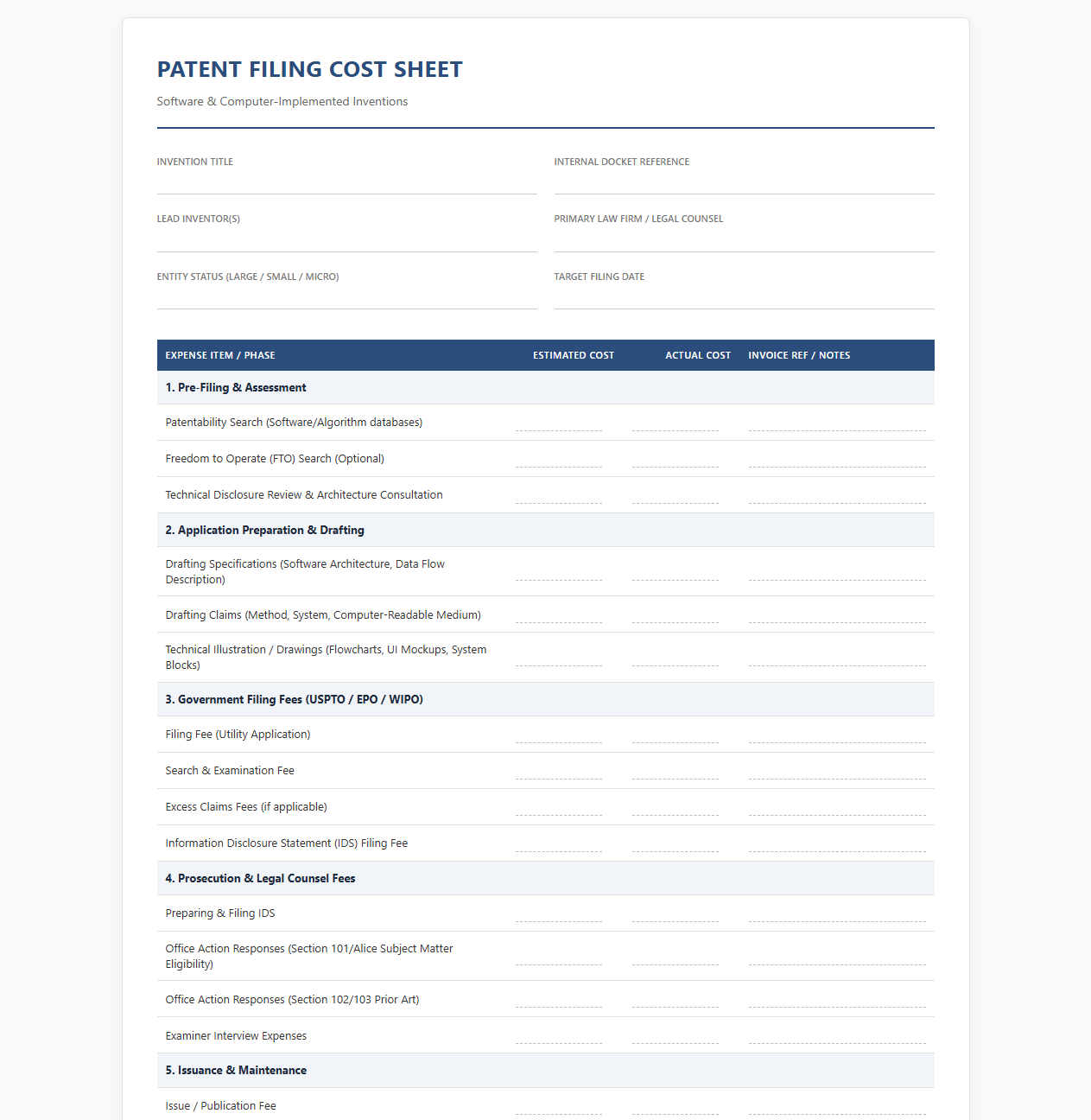 Patent Filing Cost Sheet for Software Inventions