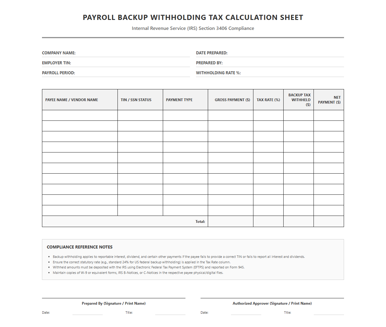 Payroll Backup Withholding Tax Calculation Sheet