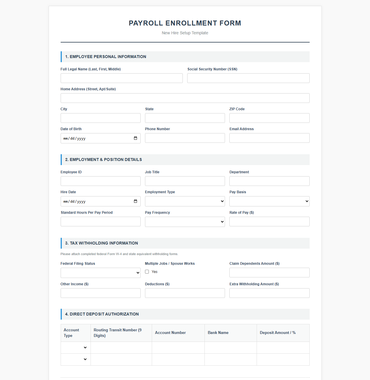 Payroll Enrollment Template for New Employees