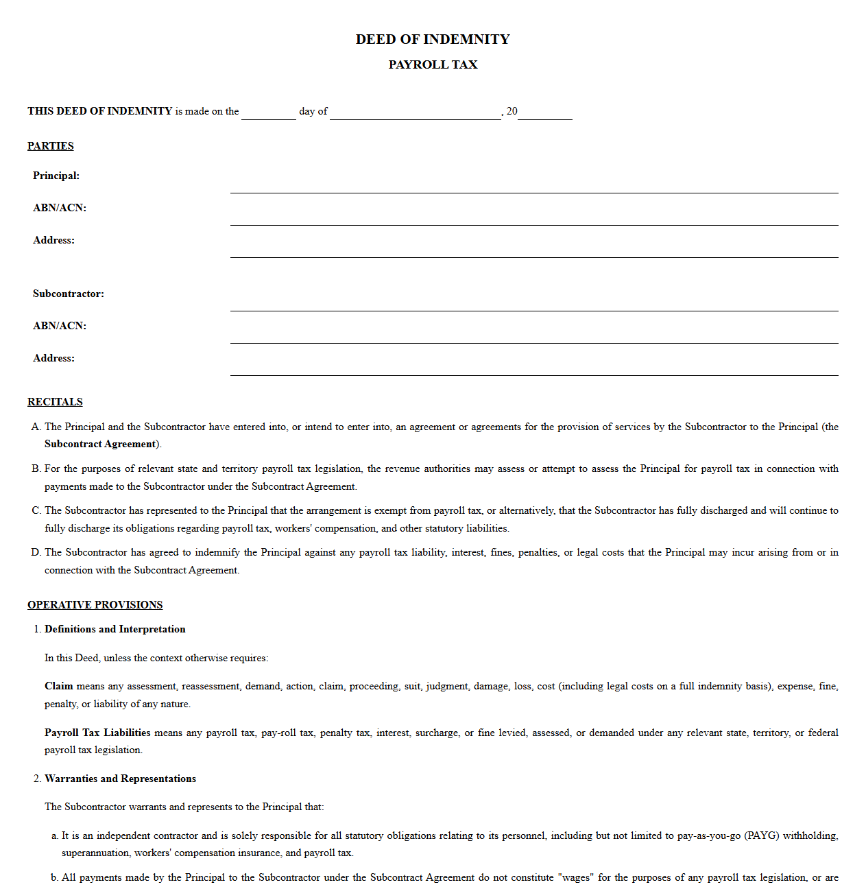 Payroll Tax Indemnity Deed for Subcontractors