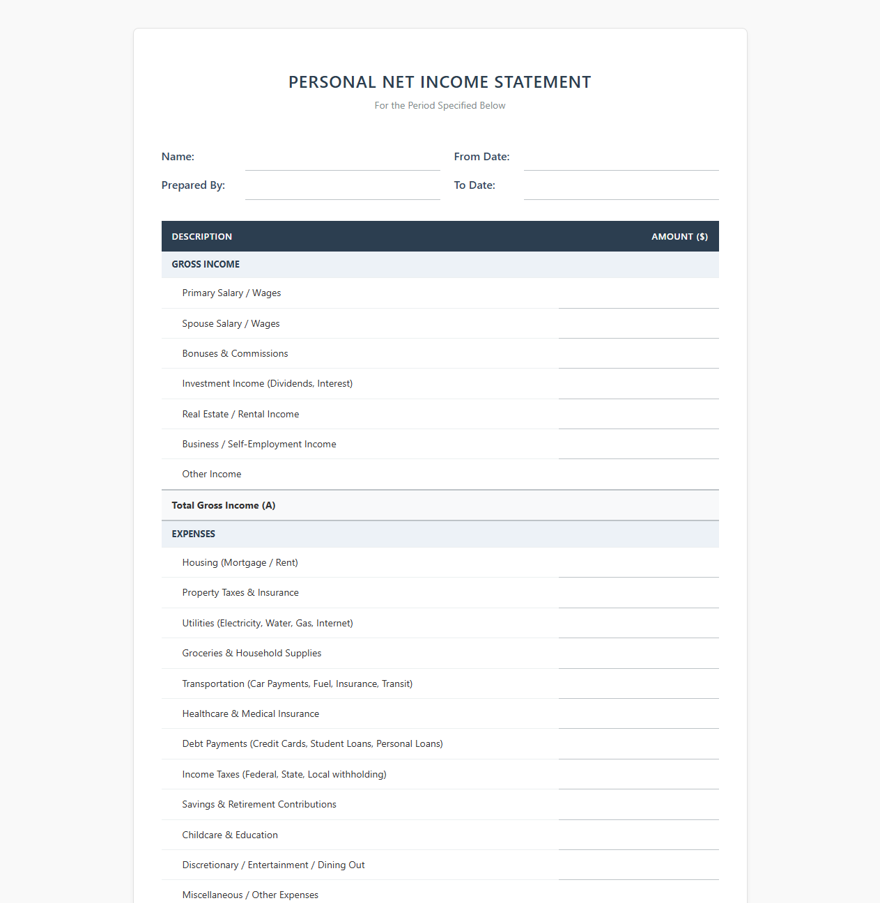 Personal Net Income Statement Template