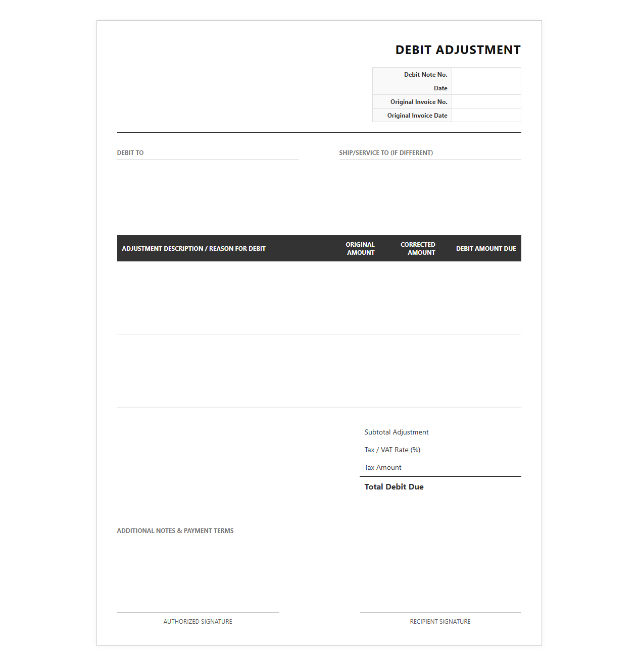 Post-Billing Debit Adjustment Invoice