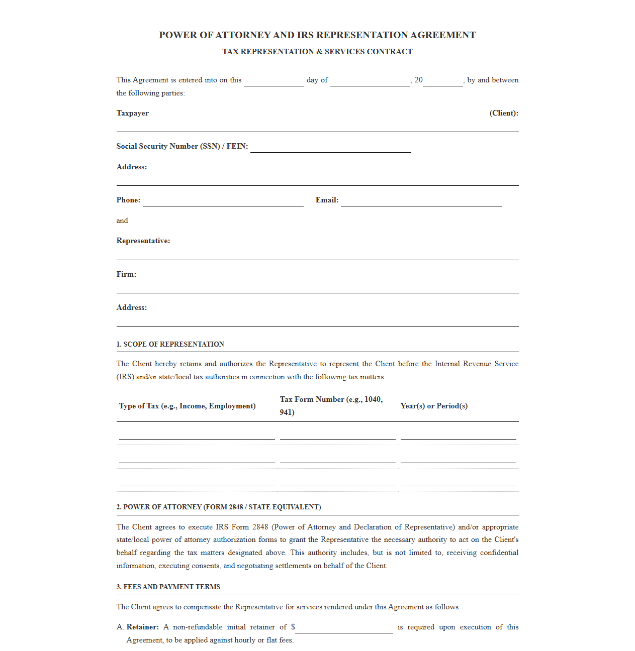 Power of Attorney and IRS Representation Contract