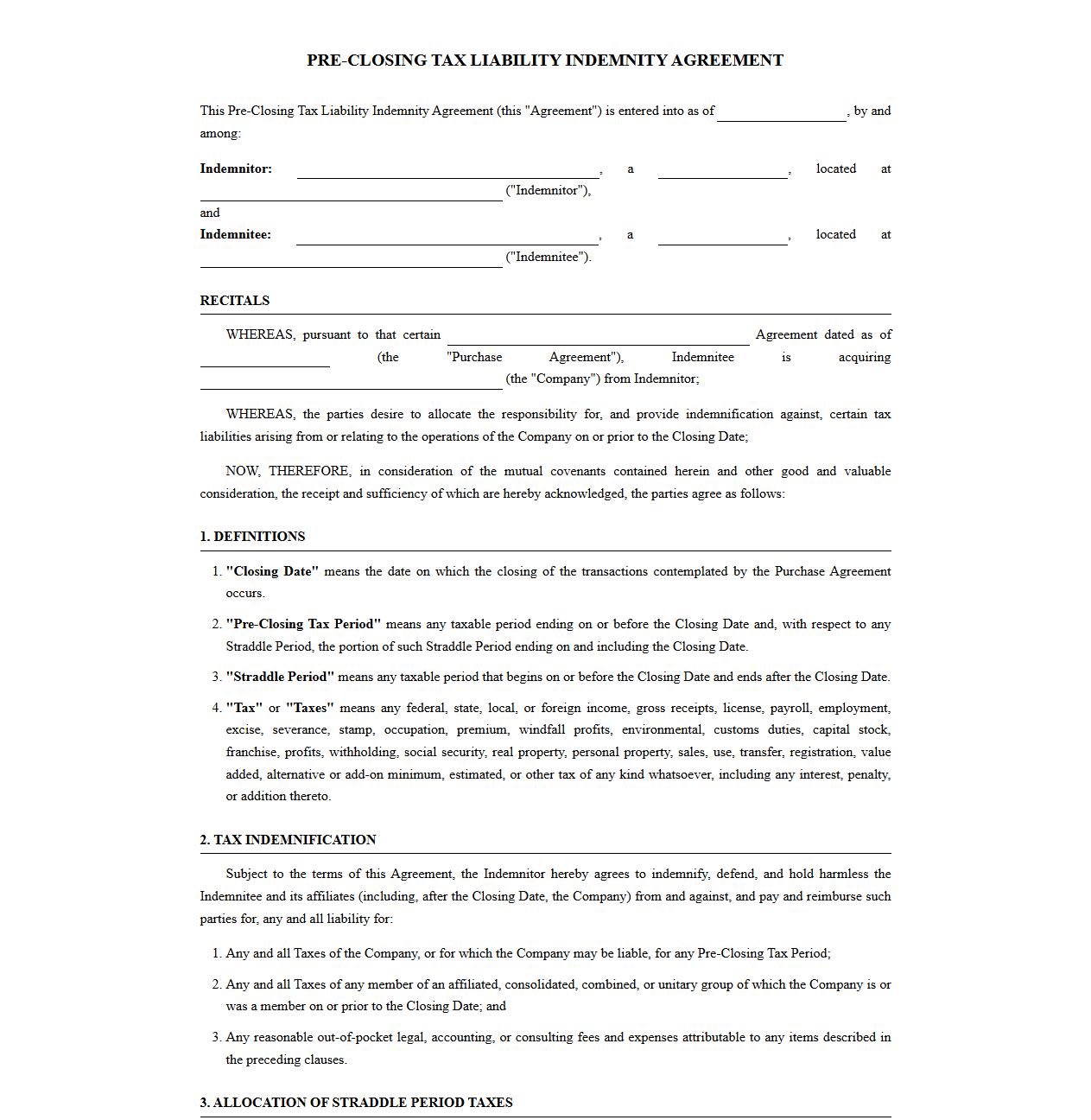 Pre-Closing Tax Indemnity Agreement Template