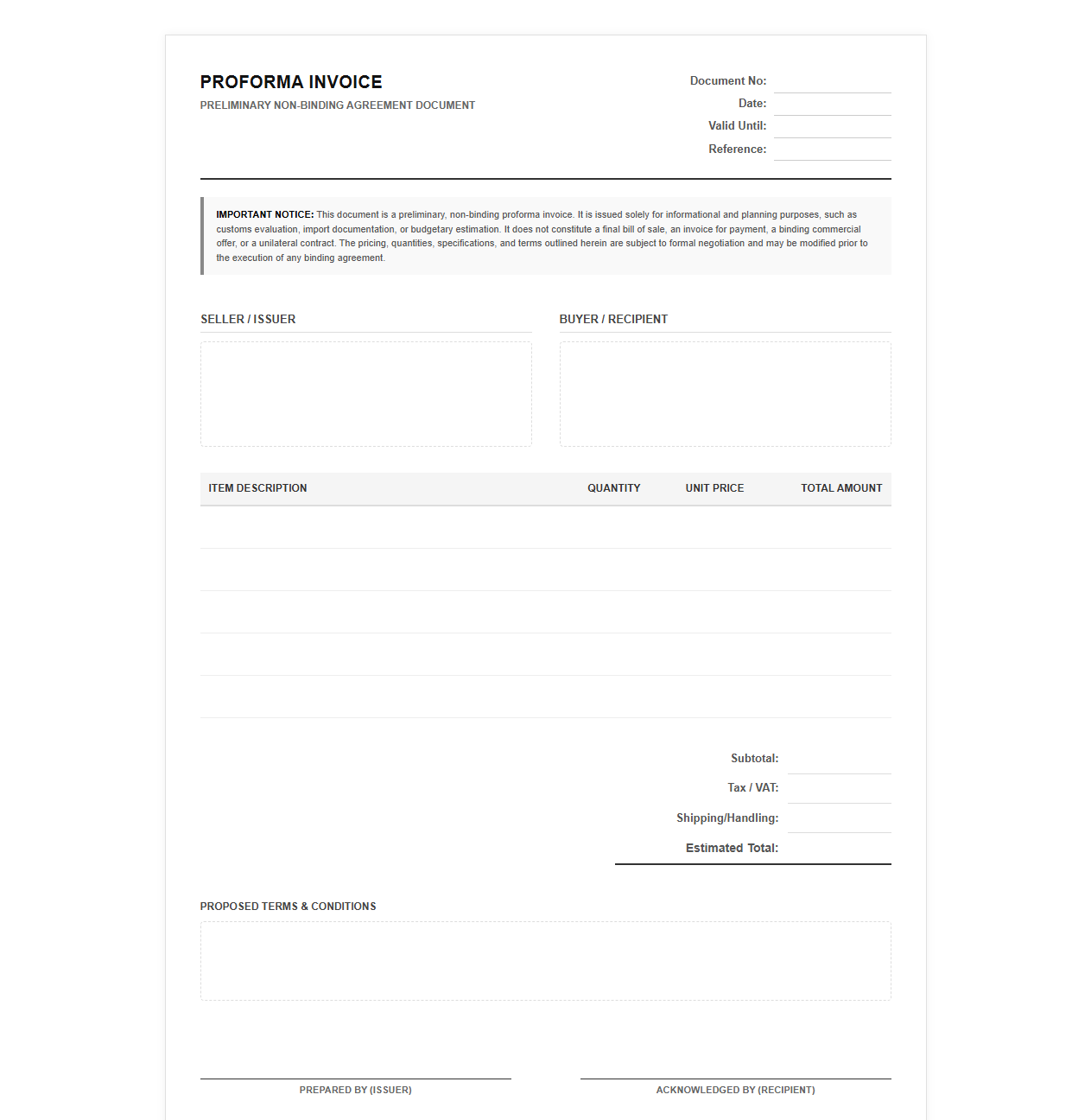 Preliminary Non Binding Proforma Invoice Document