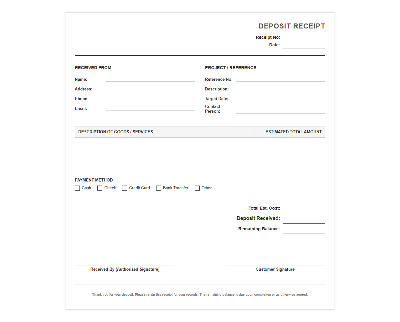 Prepayment Deposit Receipt Template