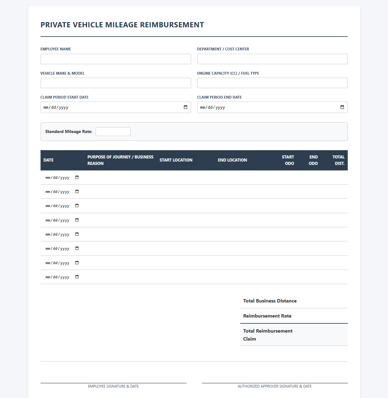 Private Vehicle Business Mileage Reimbursement Calculator