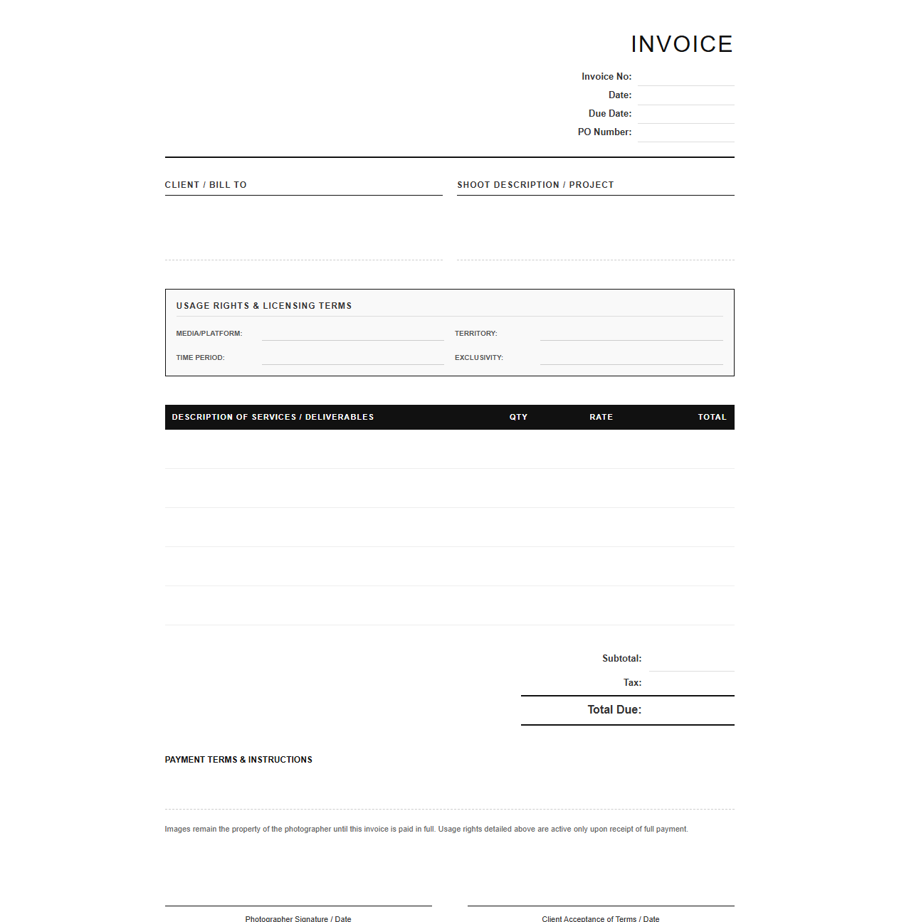 Product Photography Invoice with Usage Rights