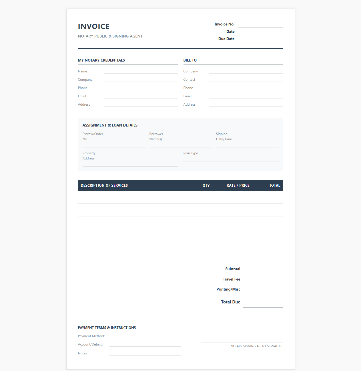 Professional Notary Signing Agent Invoice Sheet