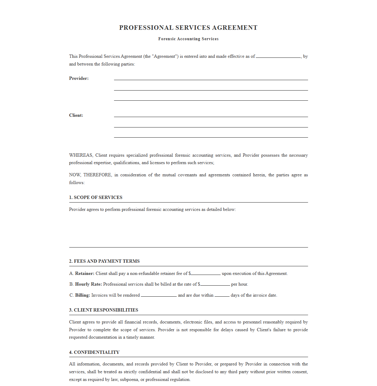 Professional Services Agreement for Forensic Accounting