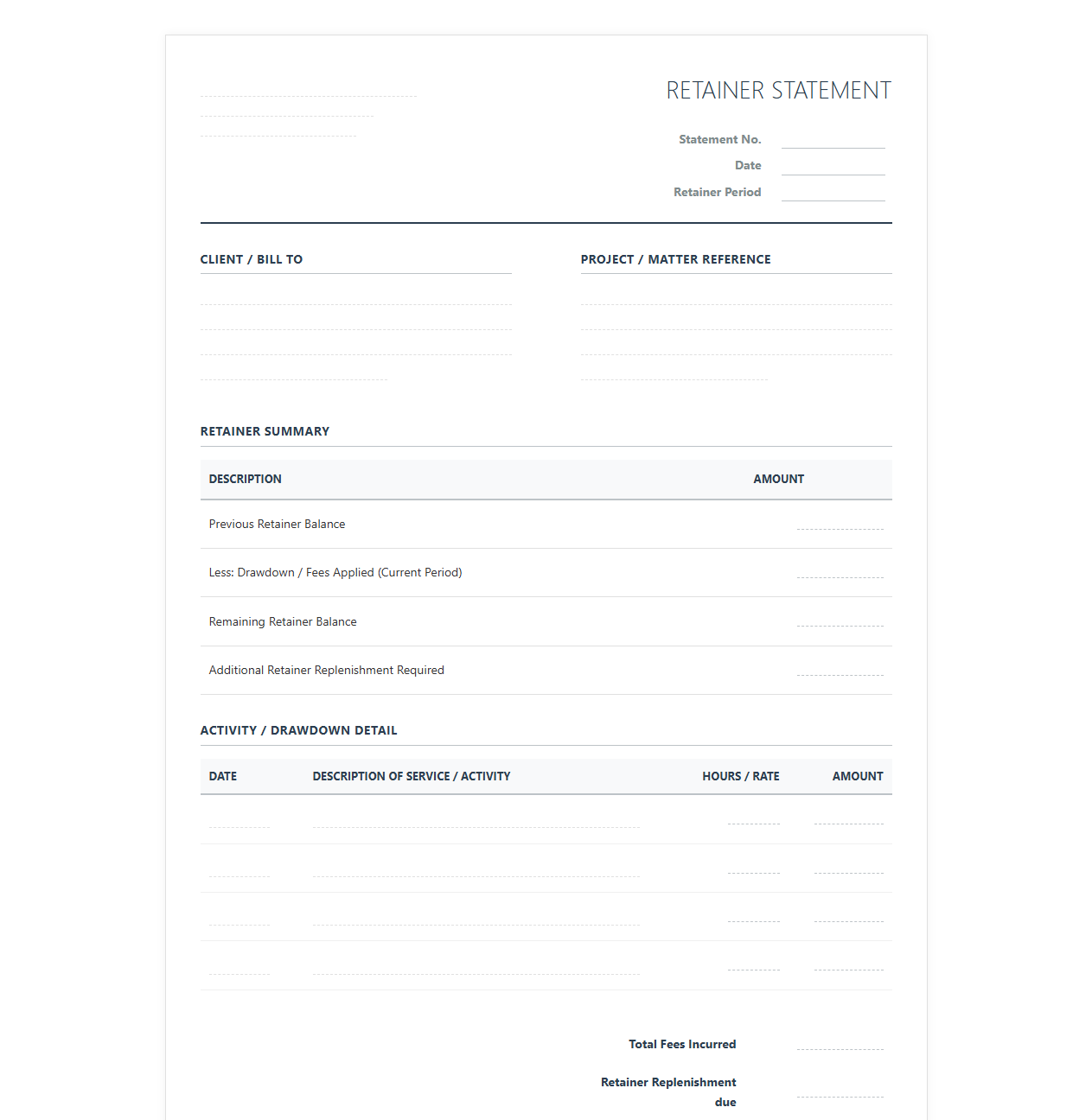 Professional Services Retainer Billing Statement
