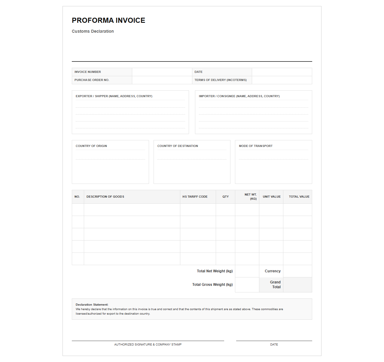 Proforma Customs Declaration Invoice Layout