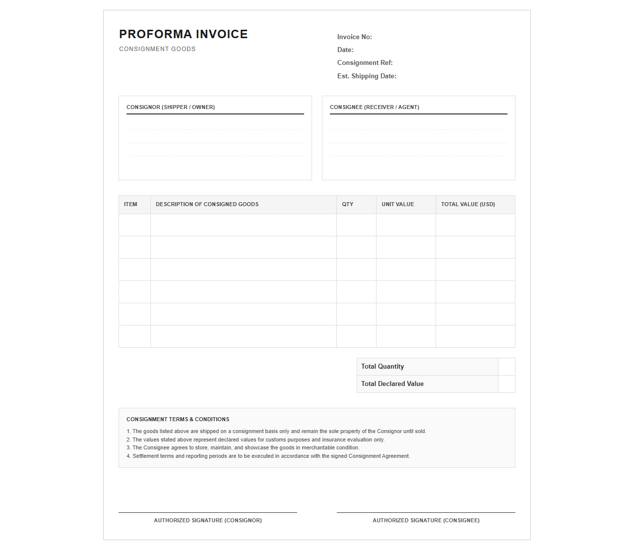 Proforma Invoice Template for Consignment Goods