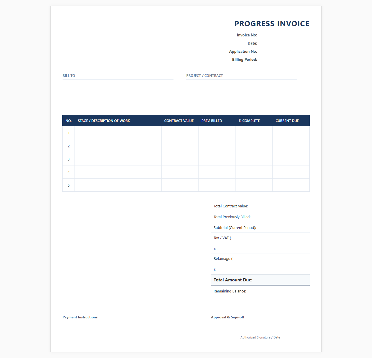 Progress Billing Invoice Template