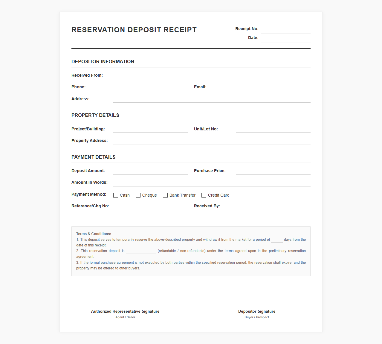 Property Reservation Deposit Receipt