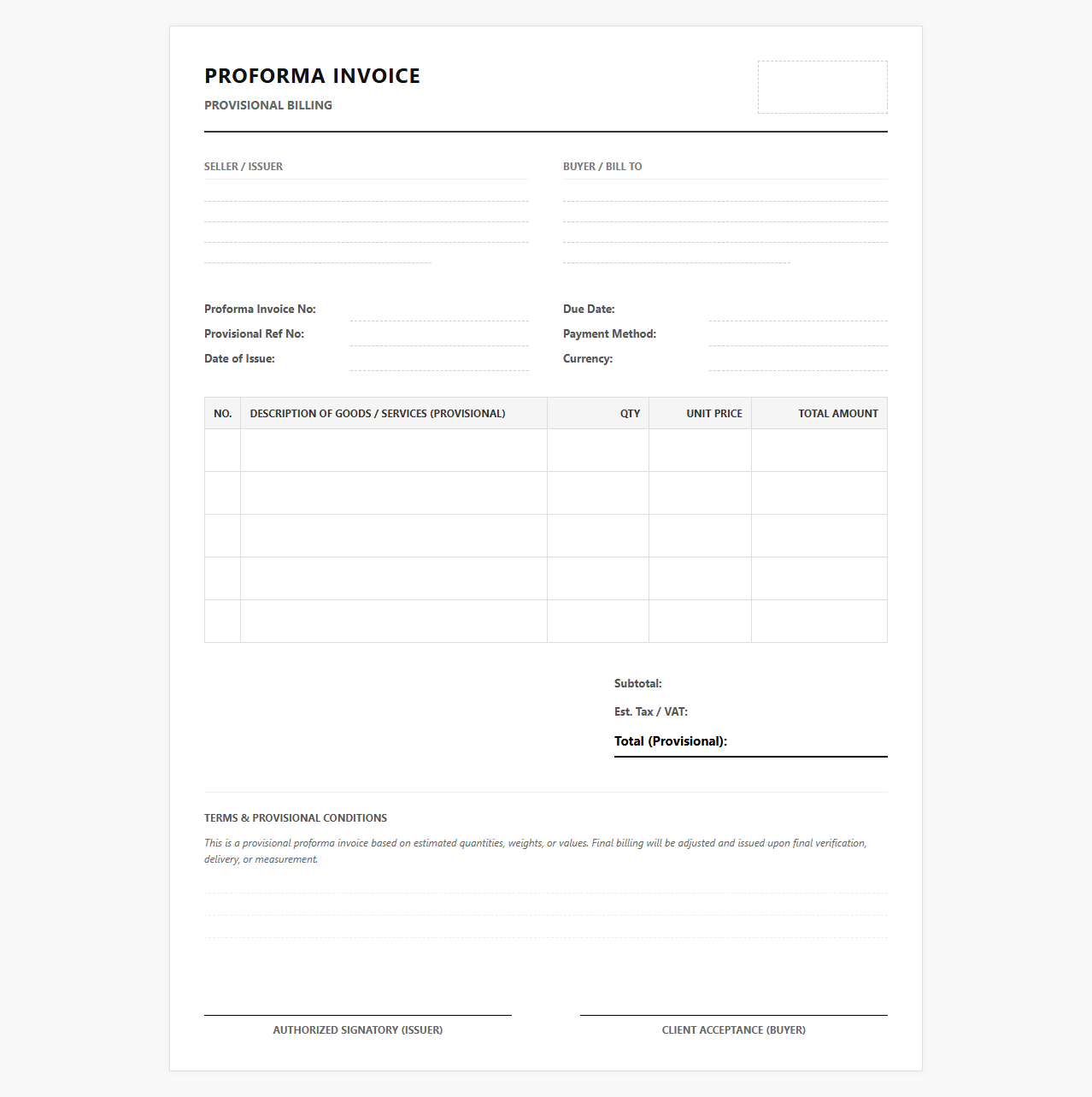 Provisional Billing Proforma Invoice Template