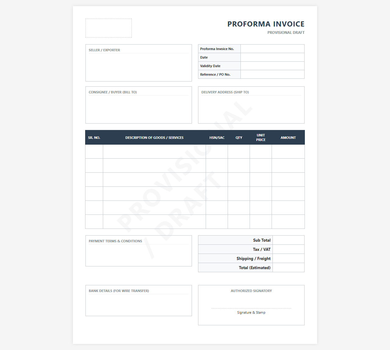 Provisional Proforma Invoice Format