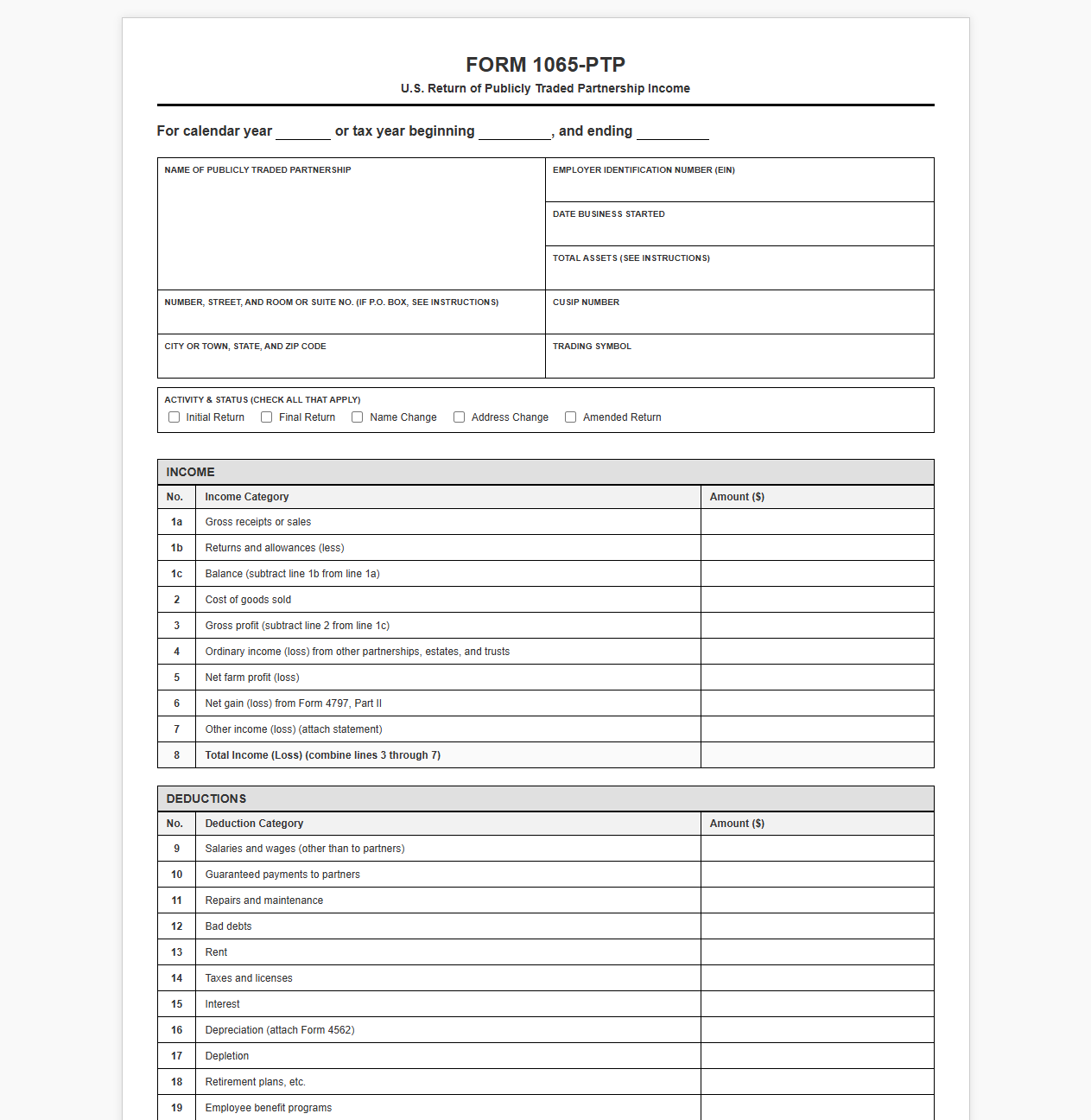 Publicly Traded Partnership Income Tax Return Template