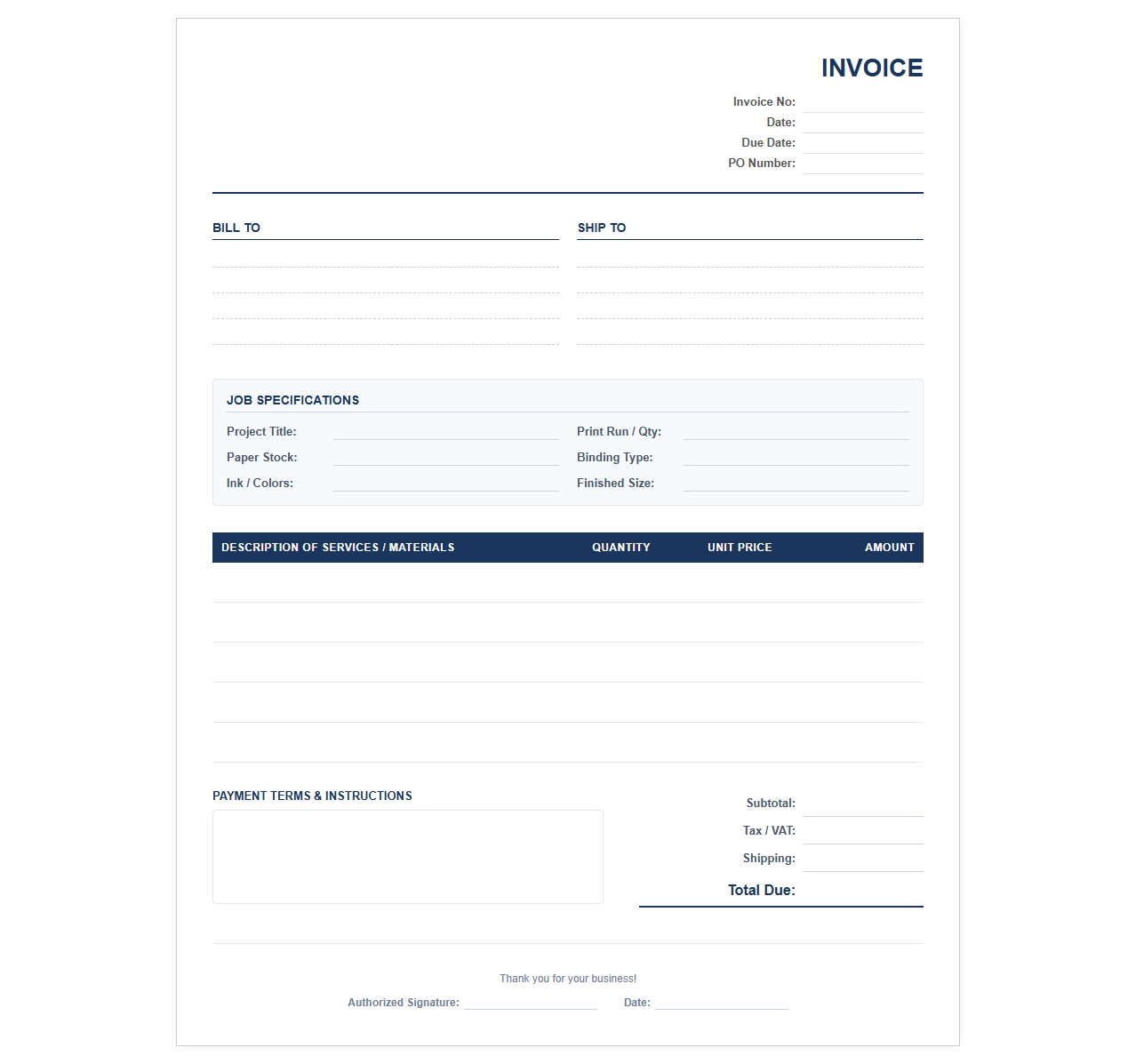 Publisher and Printer Billing Invoice Template
