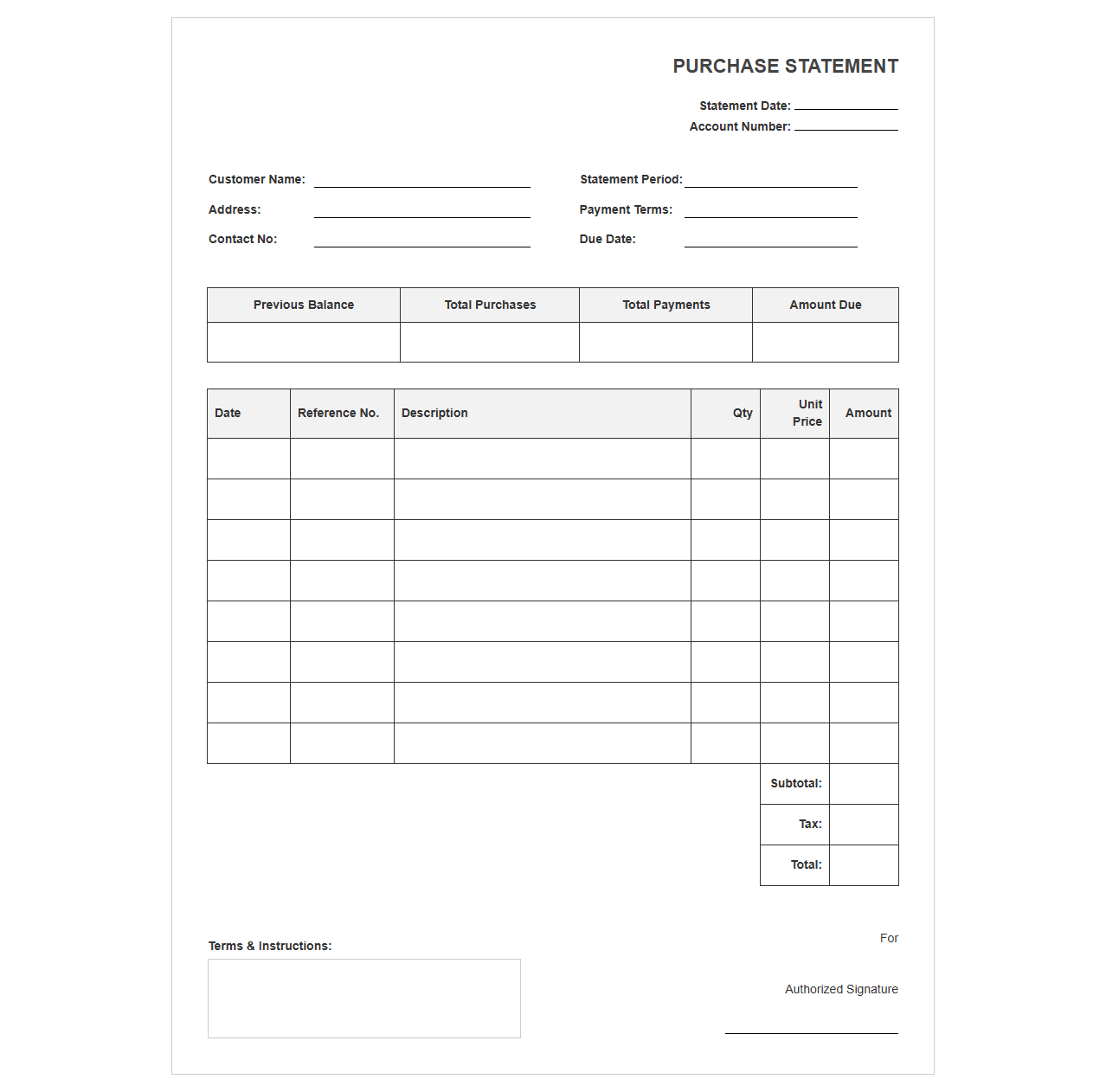 Purchase History Statement Document Format
