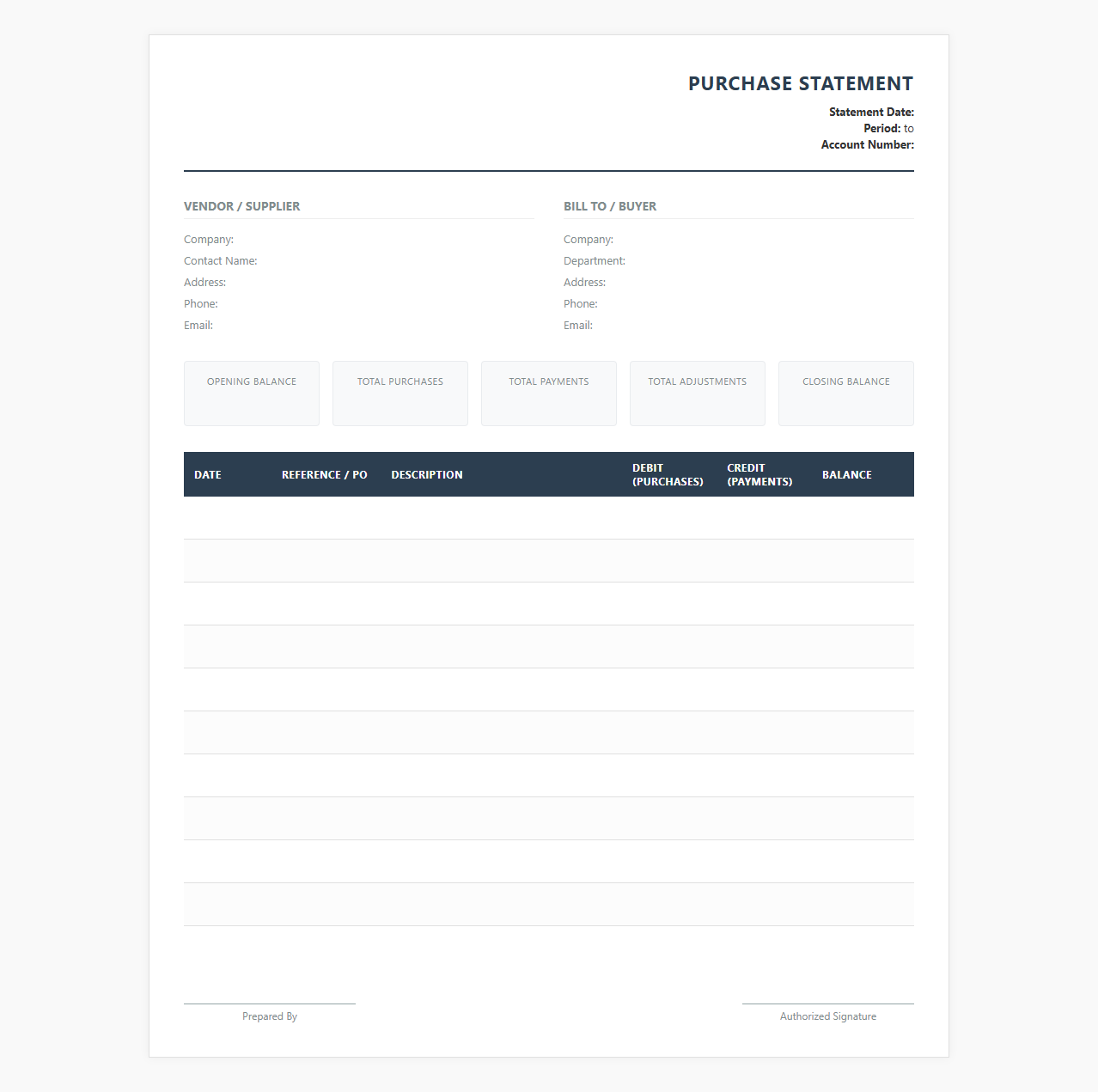 Purchasing Account Ledger Statement Template