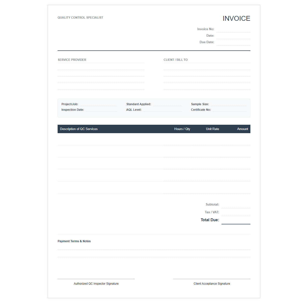 Quality Control Specialist Service Invoice