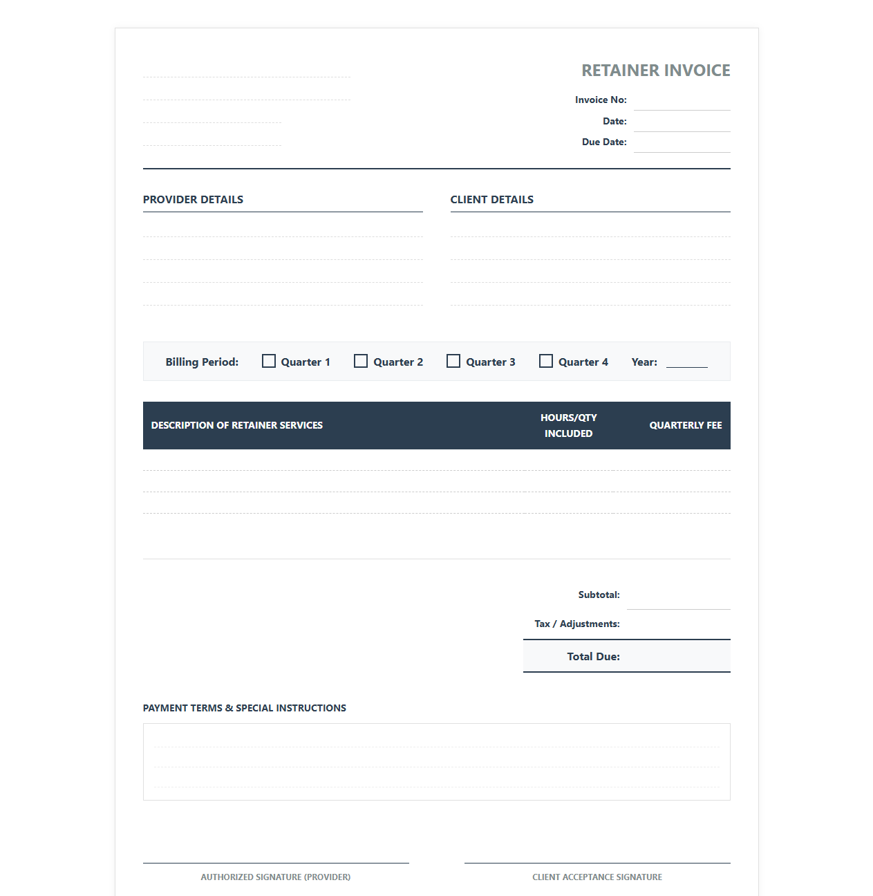 Quarterly Client Retainer Billing Form