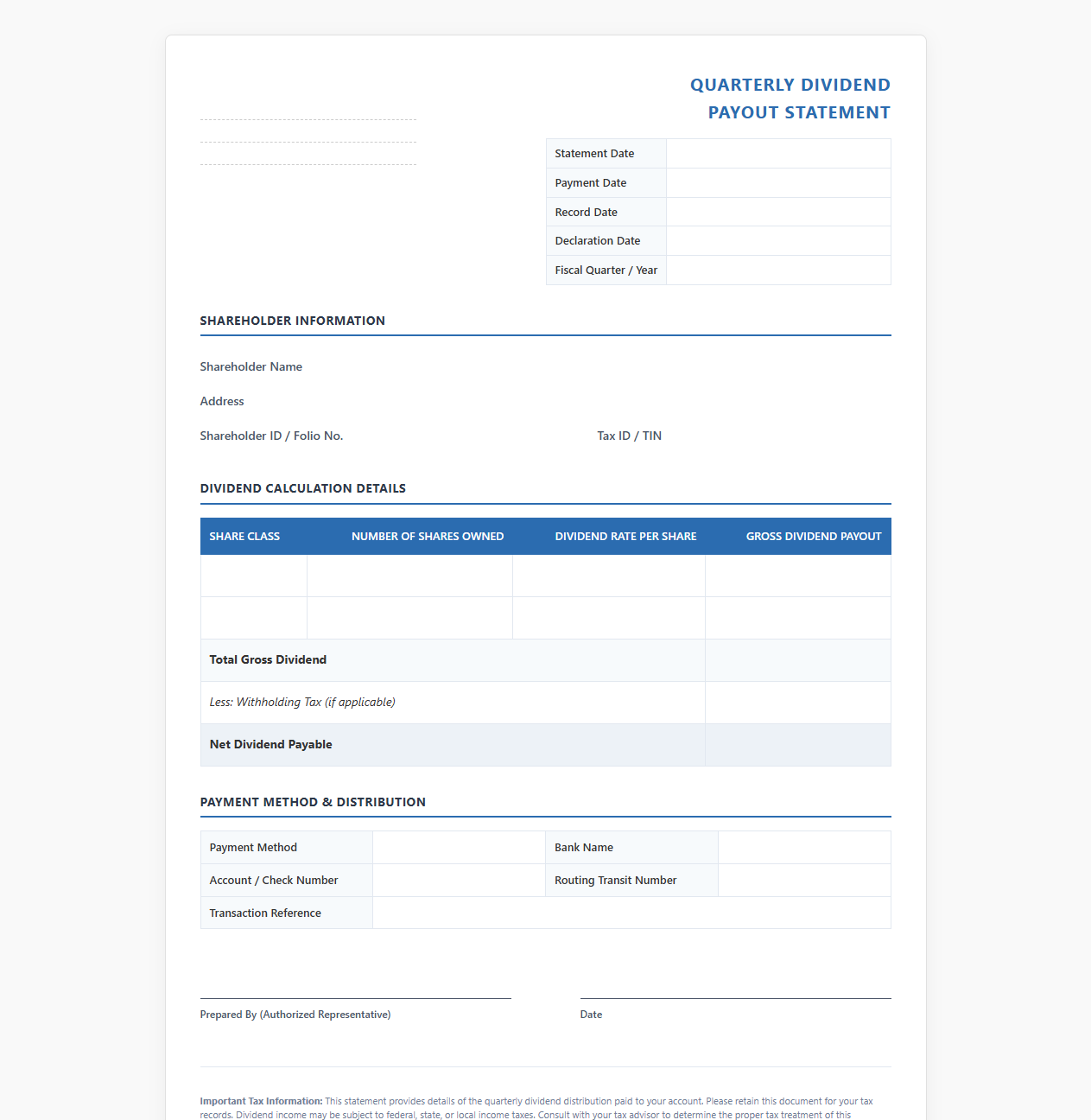 Quarterly Dividend Payout Statement