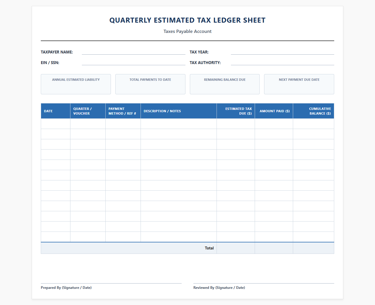 Quarterly Estimated Tax Ledger Sheet