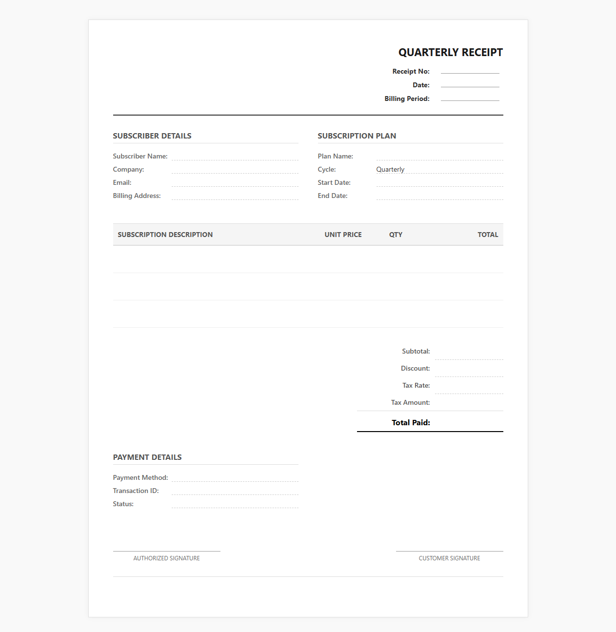 Quarterly Subscription Billing Receipt