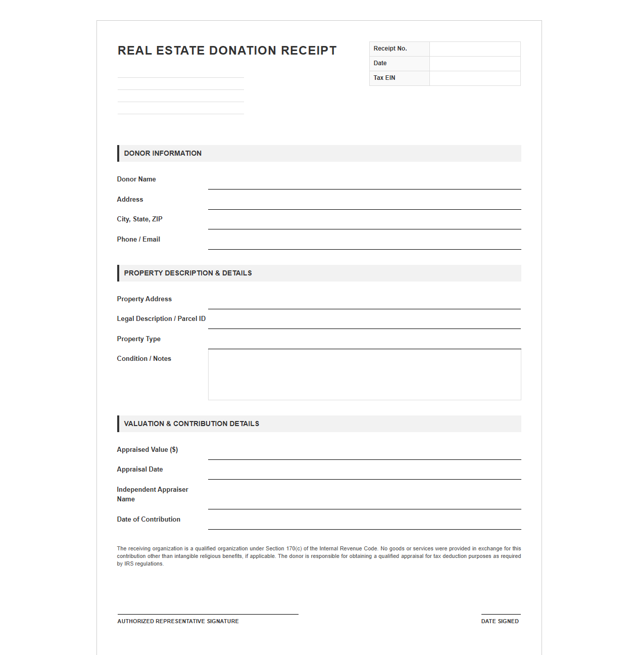 Real Estate Donation Receipt Template