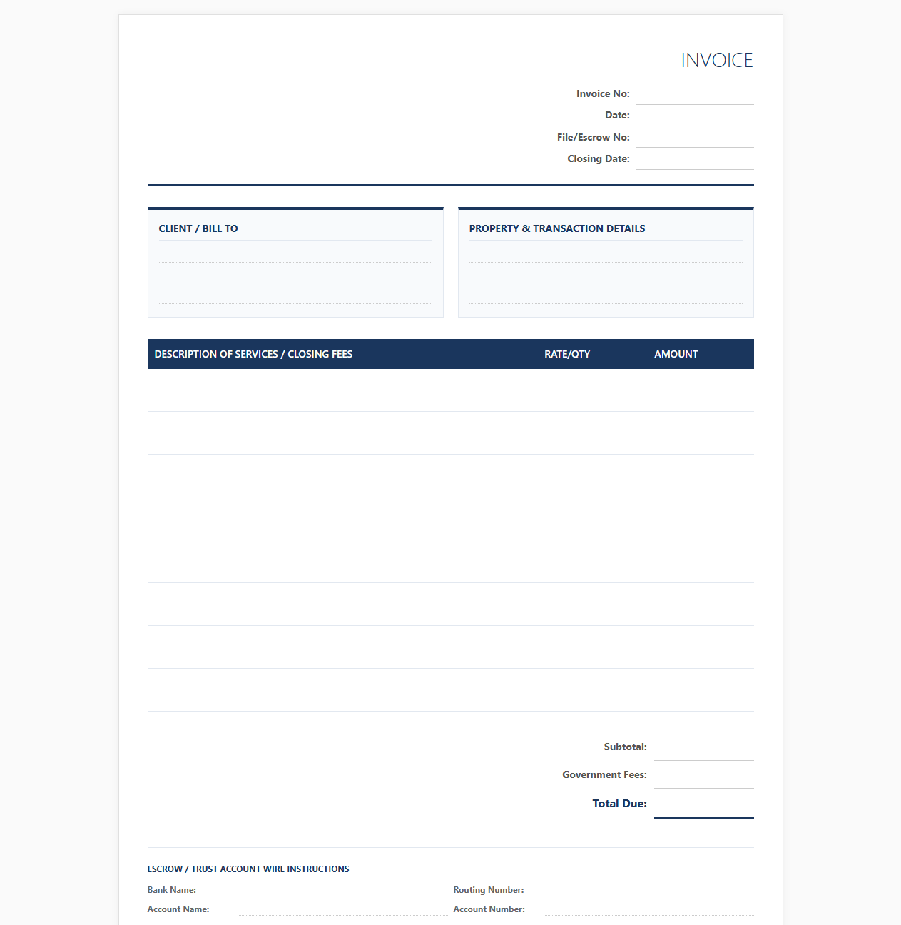 Real Estate Legal and Closing Services Invoice