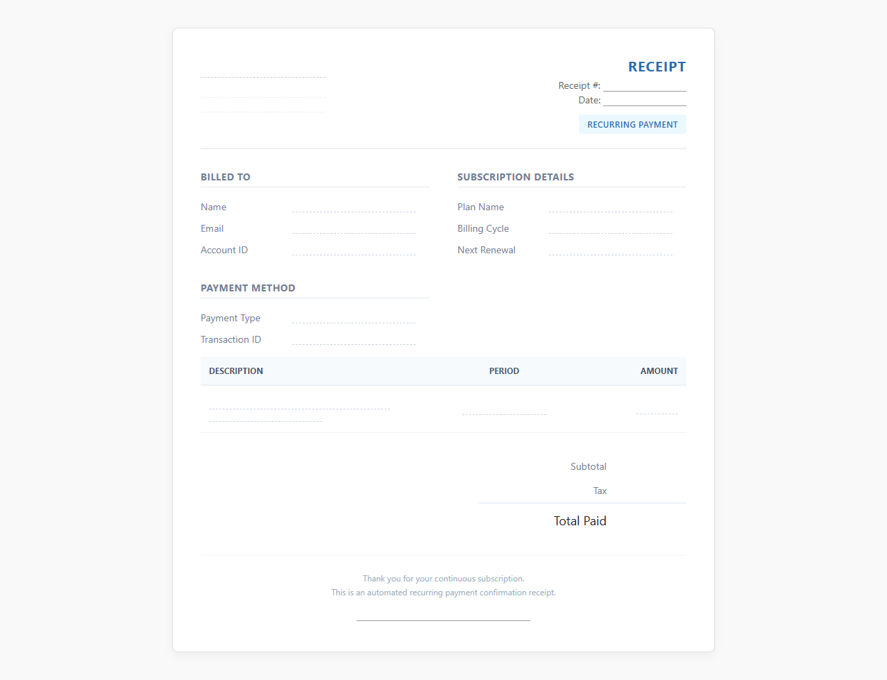 Recurring Subscription Payment Confirmation Receipt