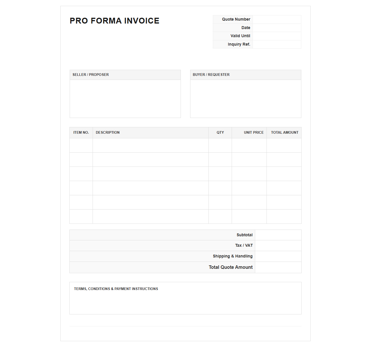 Request for Quote Pro Forma Invoice Document