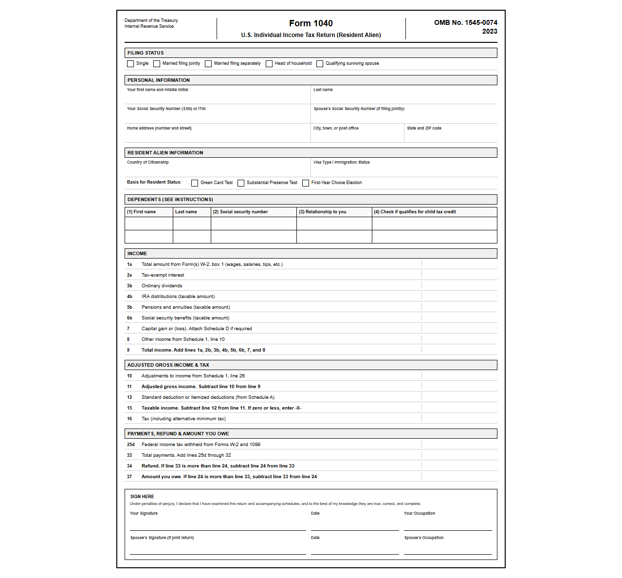 Resident Alien Federal Tax Return Template
