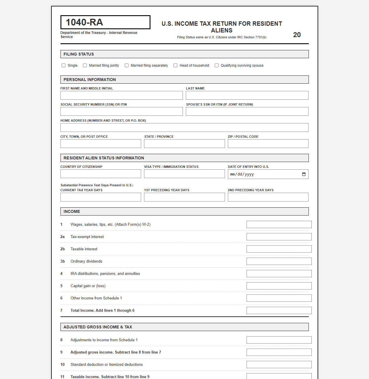 Resident Alien Income Tax Return Template