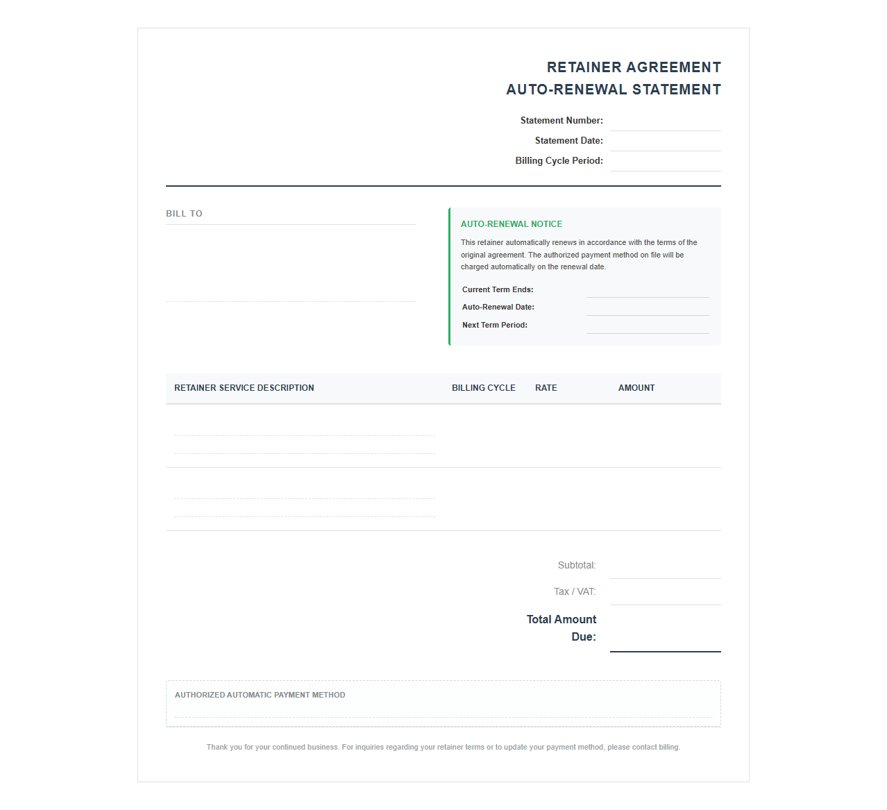 Retainer Agreement Auto Renewal Billing Statement