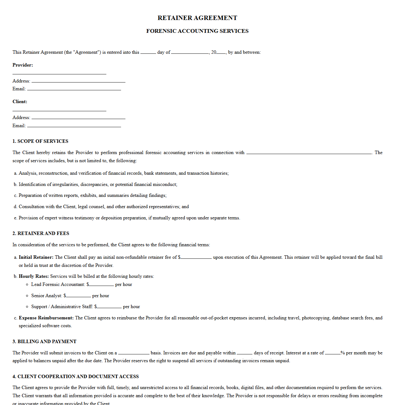 Retainer Agreement for Forensic Accounting Services