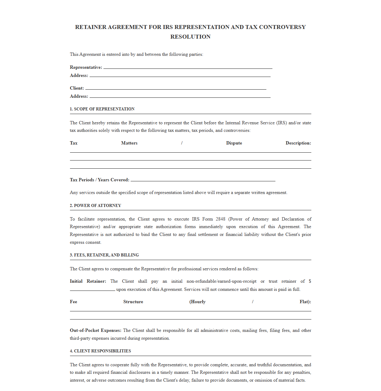 Retainer Agreement for IRS Representation and Tax Controversy